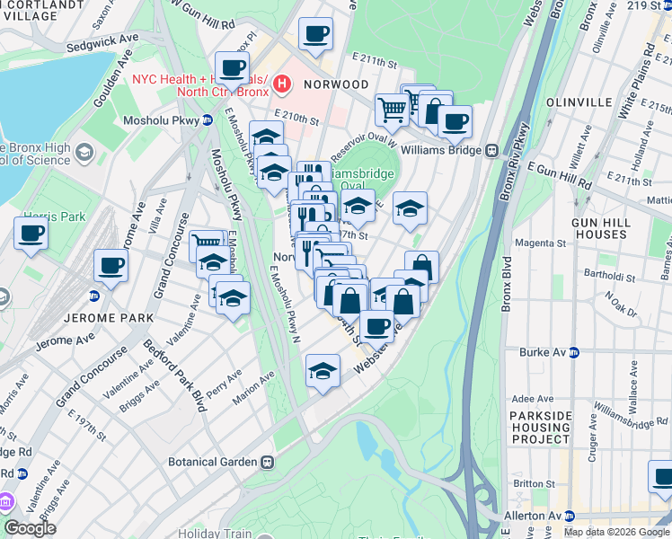 map of restaurants, bars, coffee shops, grocery stores, and more near 283 East 205th Street in The Bronx
