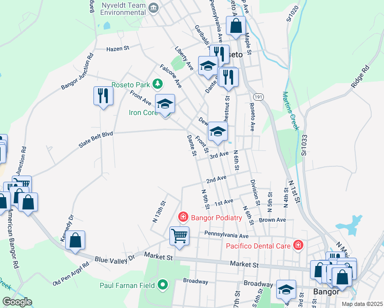 map of restaurants, bars, coffee shops, grocery stores, and more near 89 Dante Street in Bangor