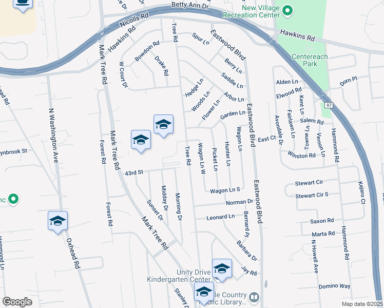 map of restaurants, bars, coffee shops, grocery stores, and more near 175 Wagon Lane in Centereach