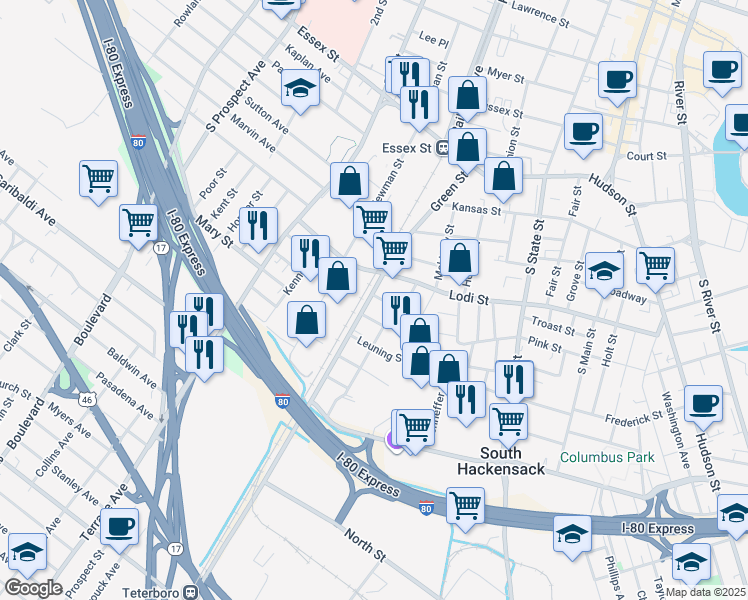 map of restaurants, bars, coffee shops, grocery stores, and more near 277 Lodi Street in Hackensack