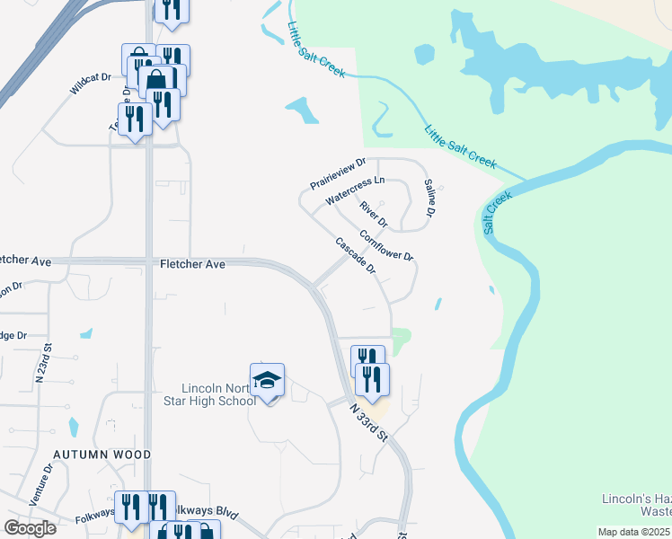 map of restaurants, bars, coffee shops, grocery stores, and more near 6050 Meridian Drive in Lincoln