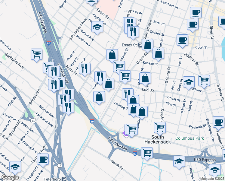 map of restaurants, bars, coffee shops, grocery stores, and more near 173 South Newman Street in Hackensack