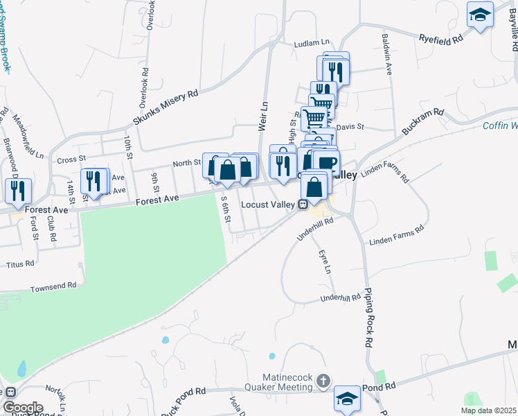 map of restaurants, bars, coffee shops, grocery stores, and more near 135 Forest Avenue in Locust Valley