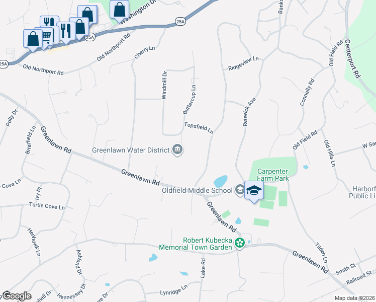 map of restaurants, bars, coffee shops, grocery stores, and more near 102 Buttercup Lane in Huntington