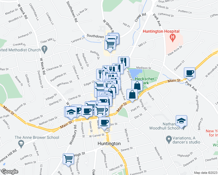 map of restaurants, bars, coffee shops, grocery stores, and more near 9 Union Place in Huntington