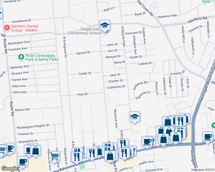 map of restaurants, bars, coffee shops, grocery stores, and more near 21 Charles Street in Selden