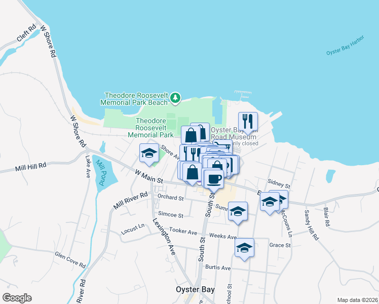 map of restaurants, bars, coffee shops, grocery stores, and more near 17 Maxwell Avenue in Oyster Bay