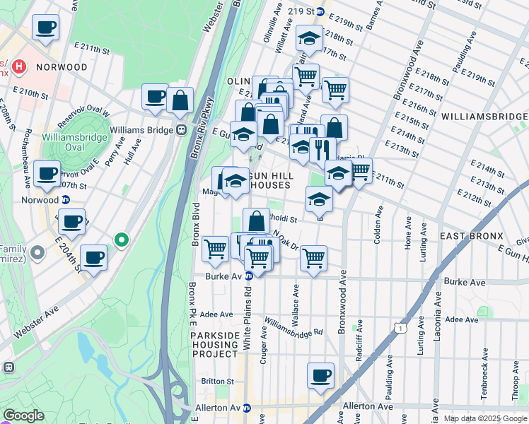 map of restaurants, bars, coffee shops, grocery stores, and more near 3365 Cruger Avenue in Bronx