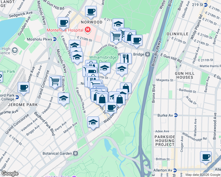 map of restaurants, bars, coffee shops, grocery stores, and more near 3216 Perry Avenue in The Bronx