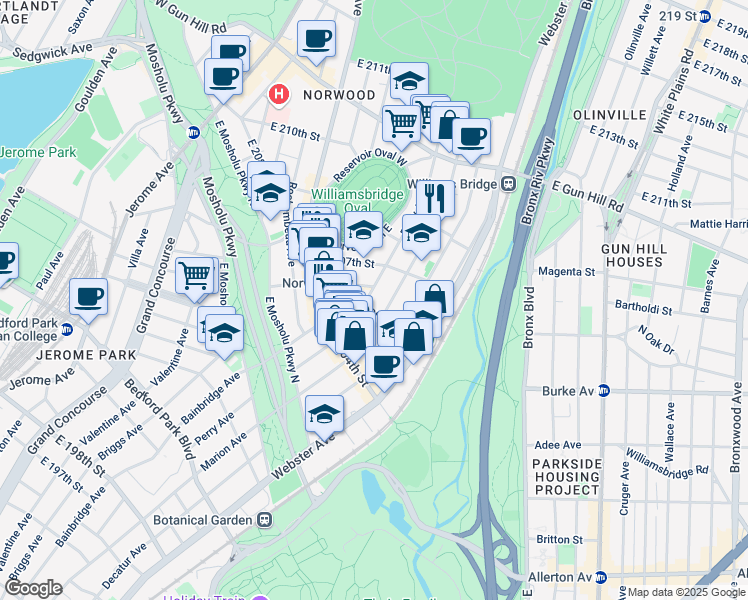 map of restaurants, bars, coffee shops, grocery stores, and more near 3216 Perry Avenue in The Bronx