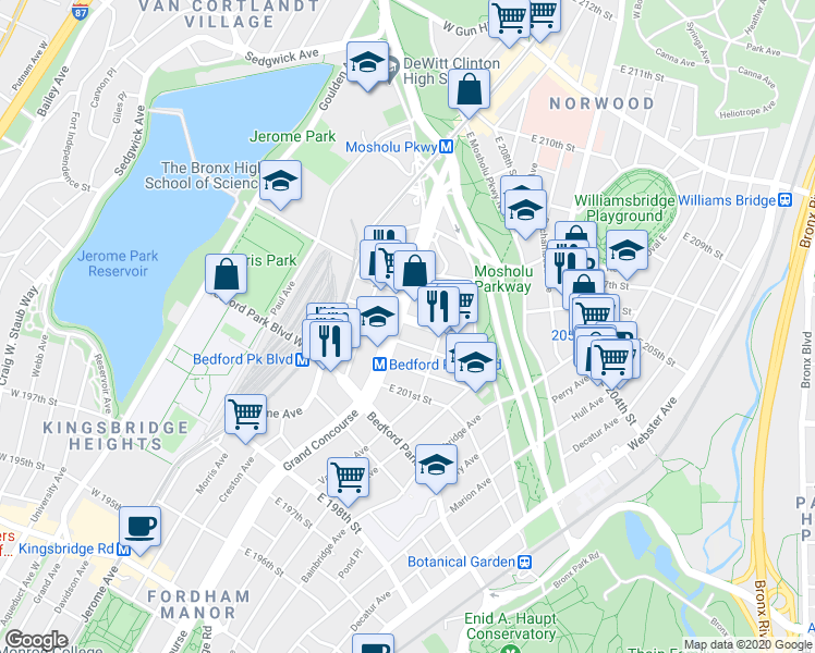 map of restaurants, bars, coffee shops, grocery stores, and more near in The Bronx