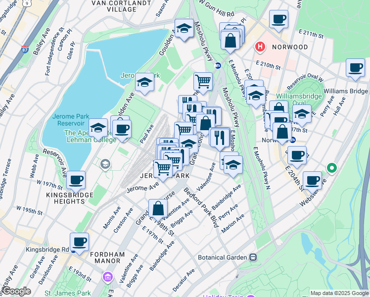 map of restaurants, bars, coffee shops, grocery stores, and more near 21 East 204th Street in Bronx