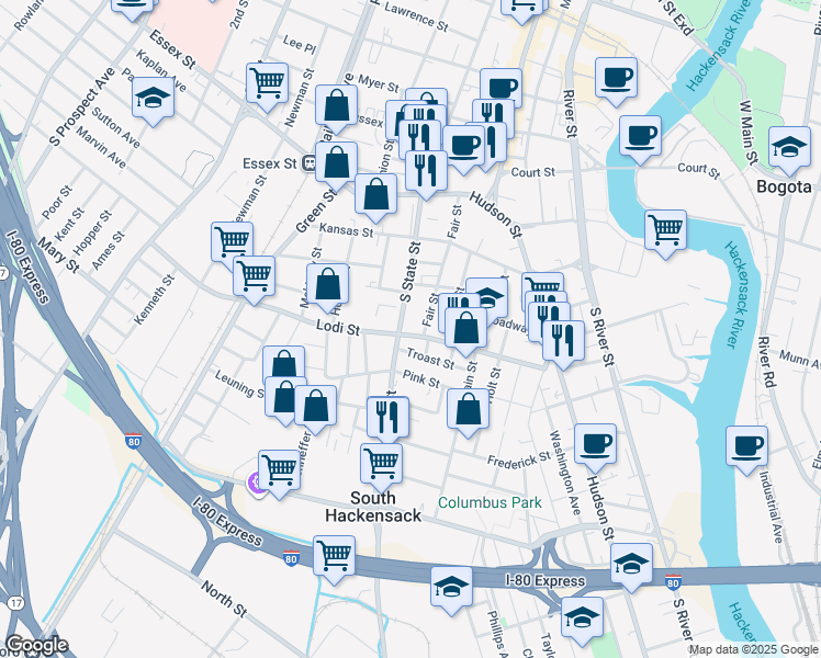 map of restaurants, bars, coffee shops, grocery stores, and more near 99 Fair Street in Hackensack