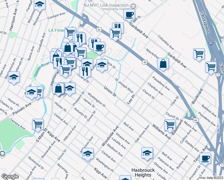 map of restaurants, bars, coffee shops, grocery stores, and more near 163 Union Street in Lodi
