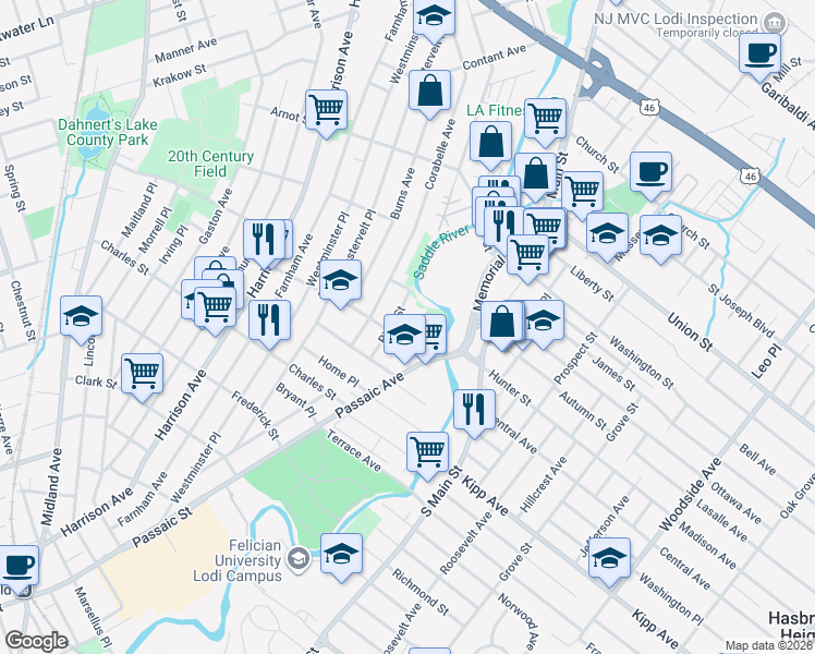map of restaurants, bars, coffee shops, grocery stores, and more near 45 River Street in Lodi
