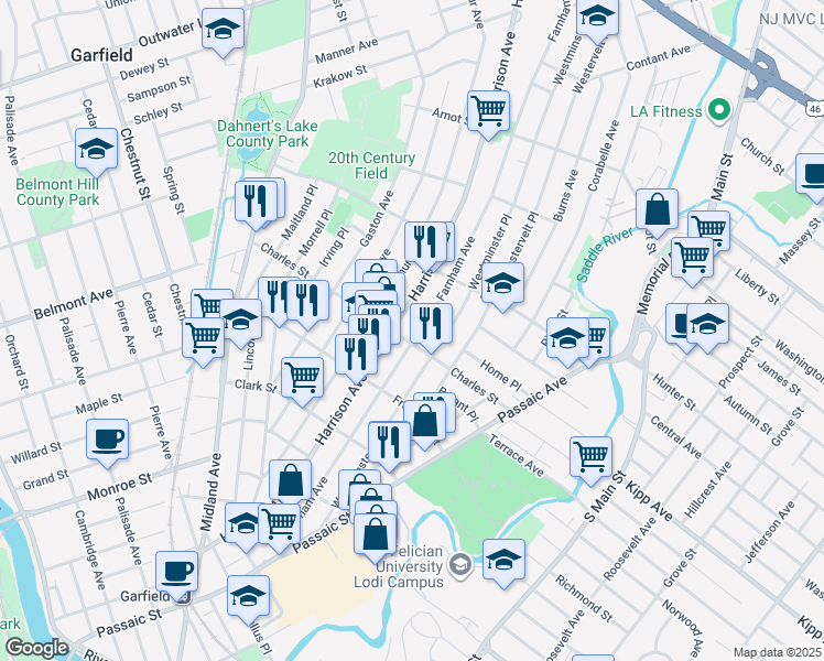 map of restaurants, bars, coffee shops, grocery stores, and more near 263 Harrison Avenue in Garfield