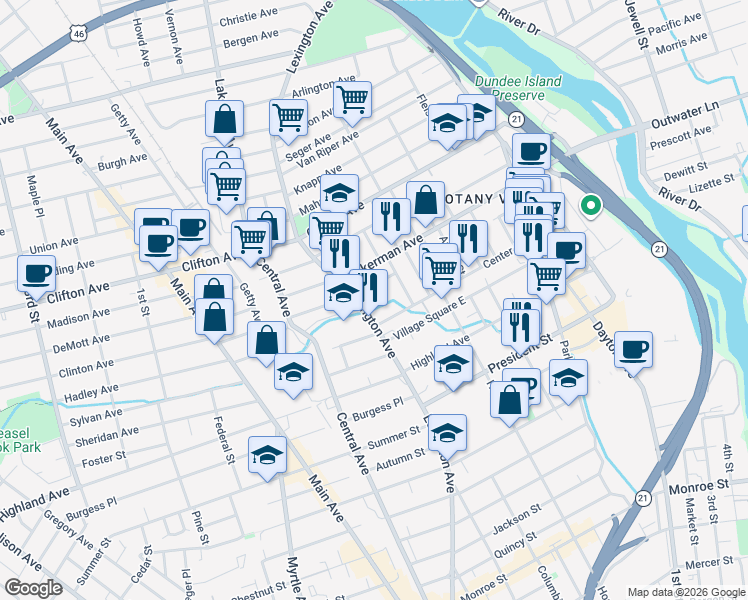 map of restaurants, bars, coffee shops, grocery stores, and more near 32 Milosh Street in Clifton