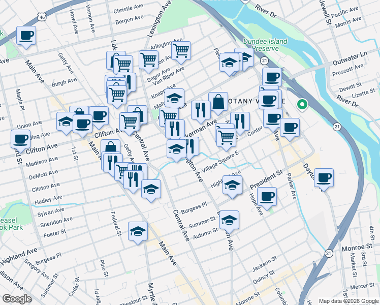 map of restaurants, bars, coffee shops, grocery stores, and more near 281 Ackerman Avenue in Clifton