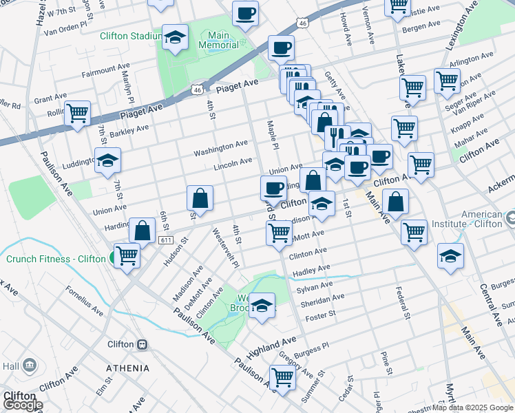 map of restaurants, bars, coffee shops, grocery stores, and more near 180 Harding Avenue in Clifton