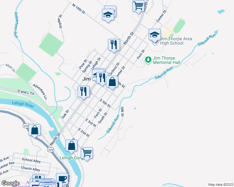 map of restaurants, bars, coffee shops, grocery stores, and more near 625 South Street in Jim Thorpe