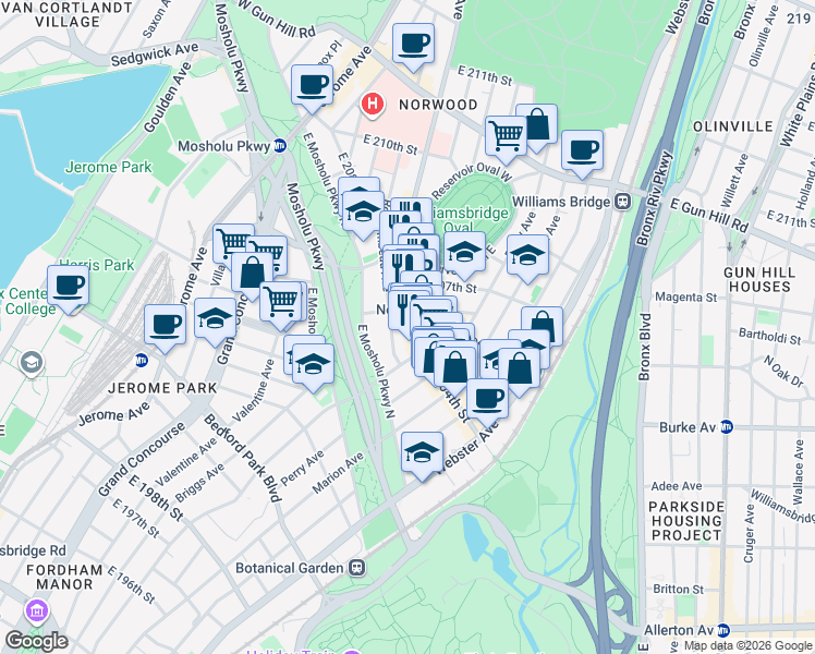 map of restaurants, bars, coffee shops, grocery stores, and more near 3125-3139 Bainbridge Avenue in The Bronx