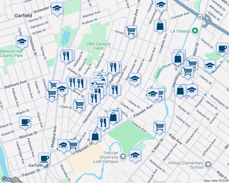 map of restaurants, bars, coffee shops, grocery stores, and more near 216 Farnham Avenue in Lodi