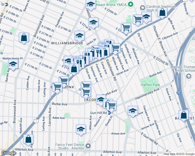 map of restaurants, bars, coffee shops, grocery stores, and more near 3328 Seymour Avenue in Bronx