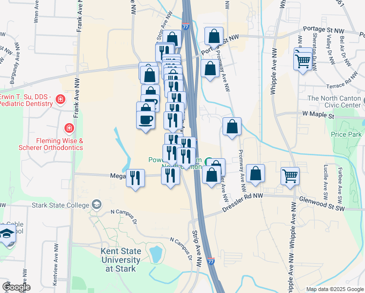 map of restaurants, bars, coffee shops, grocery stores, and more near Strip Ave NW in North Canton