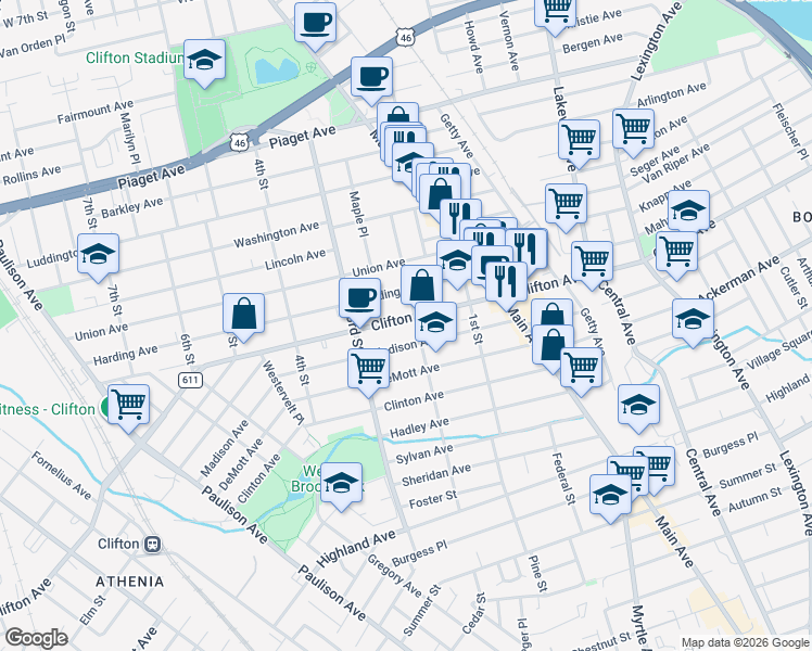 map of restaurants, bars, coffee shops, grocery stores, and more near 414 Clifton Avenue in Clifton