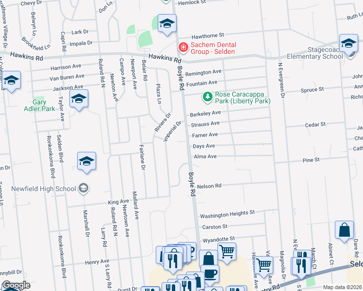 map of restaurants, bars, coffee shops, grocery stores, and more near 1 Coronet Court in Selden