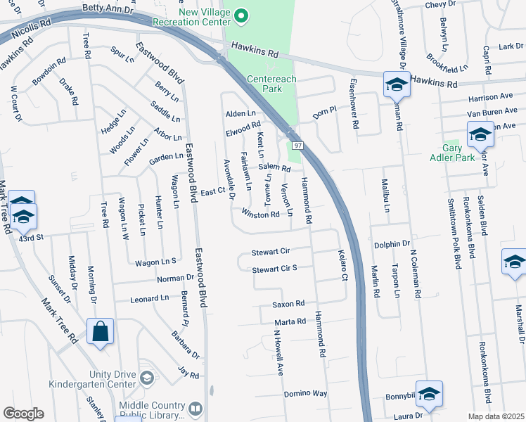 map of restaurants, bars, coffee shops, grocery stores, and more near 15 Towne Lane in Centereach