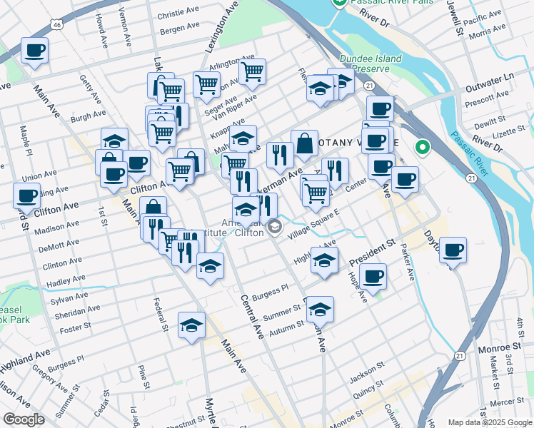 map of restaurants, bars, coffee shops, grocery stores, and more near 281 Ackerman Avenue in Clifton