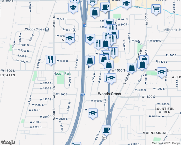 map of restaurants, bars, coffee shops, grocery stores, and more near 596 West 1500 South in Woods Cross