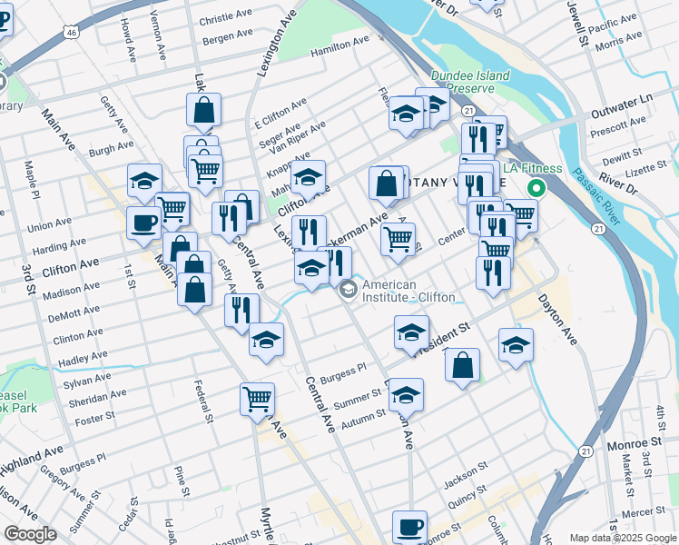 map of restaurants, bars, coffee shops, grocery stores, and more near 32 Milosh Street in Clifton