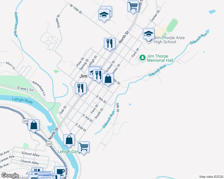 map of restaurants, bars, coffee shops, grocery stores, and more near 25 West 6th Street in Jim Thorpe