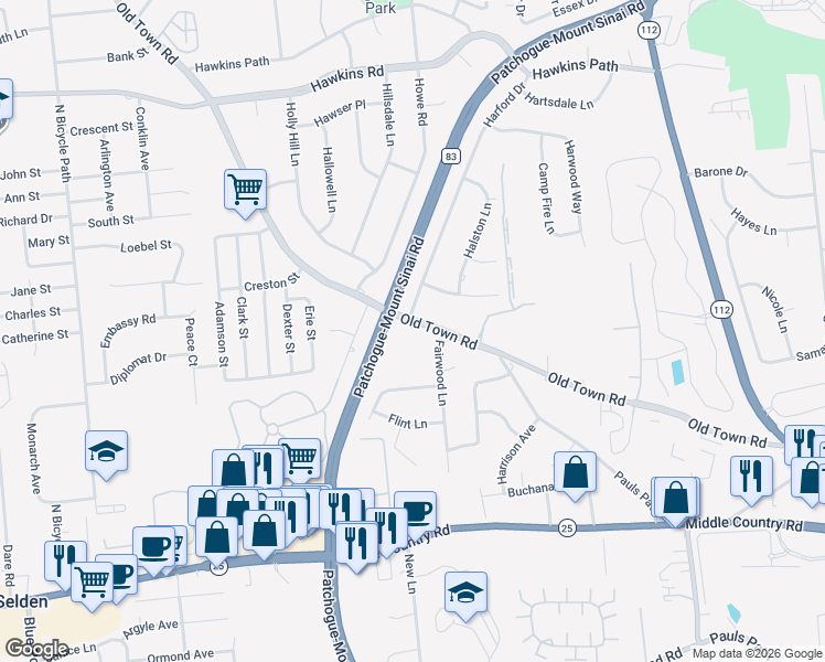 map of restaurants, bars, coffee shops, grocery stores, and more near 1039 Old Town Road in Coram