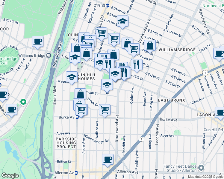 map of restaurants, bars, coffee shops, grocery stores, and more near 800 East Gun Hill Road in Bronx