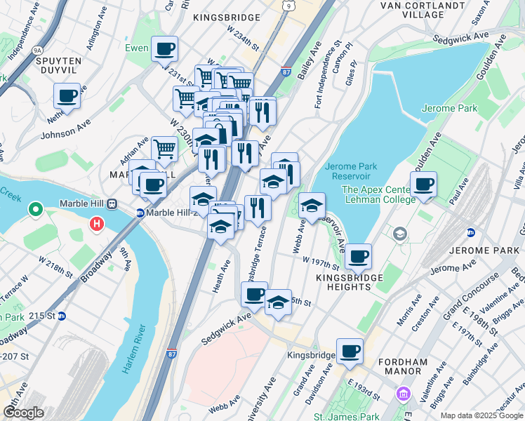 map of restaurants, bars, coffee shops, grocery stores, and more near 2881 Heath Avenue in Bronx