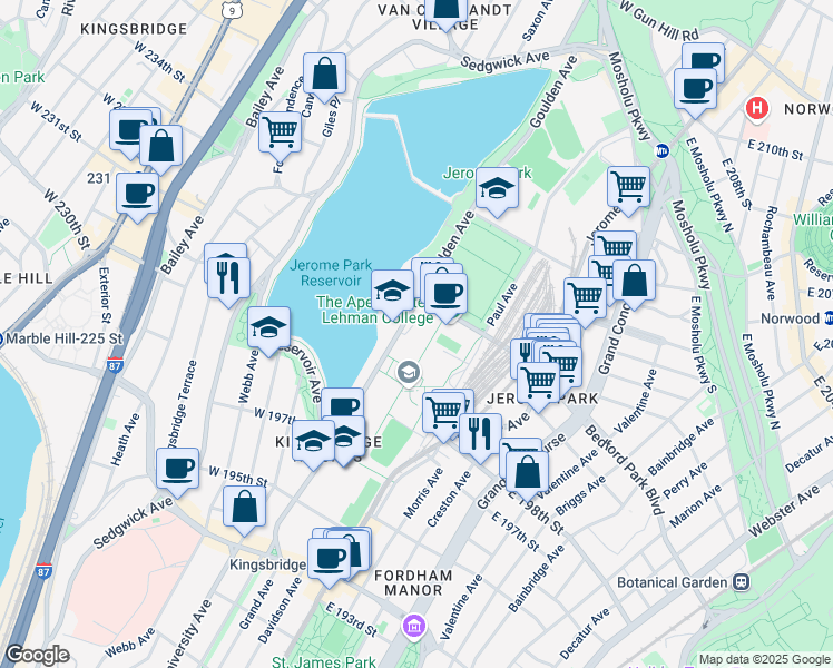 map of restaurants, bars, coffee shops, grocery stores, and more near 2990 Goulden Avenue in Bronx