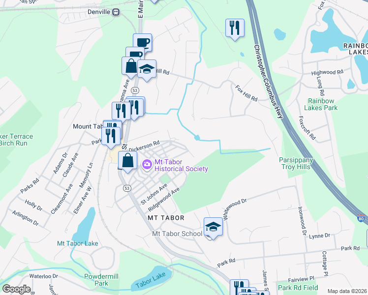 map of restaurants, bars, coffee shops, grocery stores, and more near 5 Dickerson Road in Morris Plains
