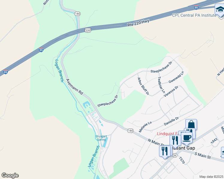 map of restaurants, bars, coffee shops, grocery stores, and more near Highpoint Park Drive in Pleasant Gap