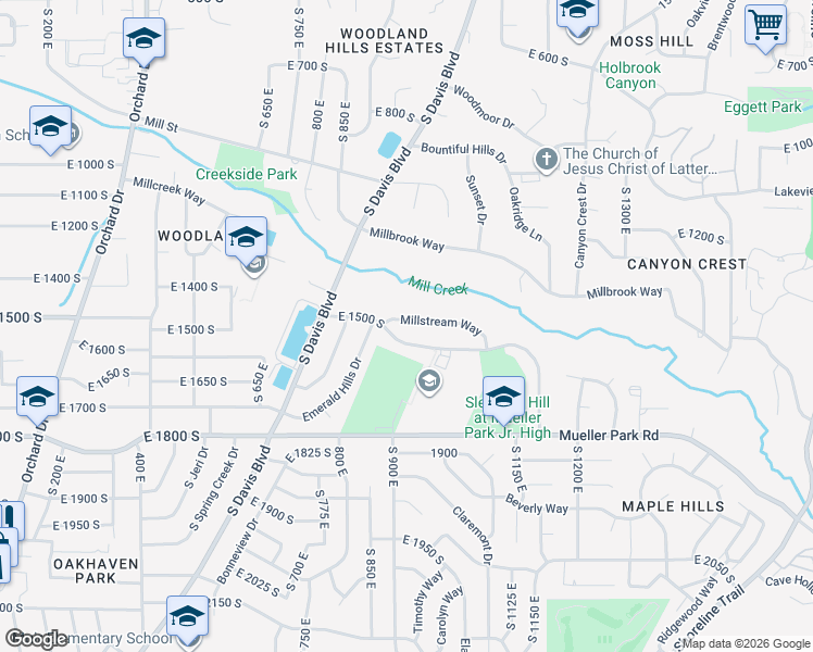 map of restaurants, bars, coffee shops, grocery stores, and more near 885 Millstream Way in Bountiful