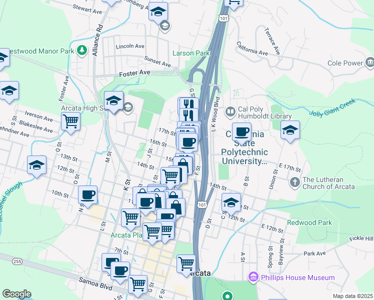 map of restaurants, bars, coffee shops, grocery stores, and more near 1650 H Street in Arcata