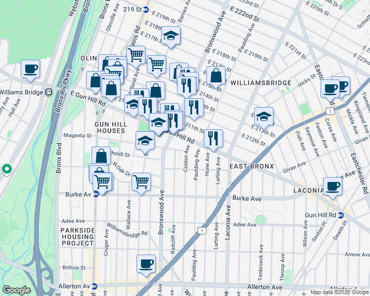 map of restaurants, bars, coffee shops, grocery stores, and more near 914 East Gun Hill Road in Bronx
