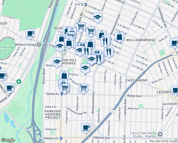 map of restaurants, bars, coffee shops, grocery stores, and more near 800 East Gun Hill Road in Bronx