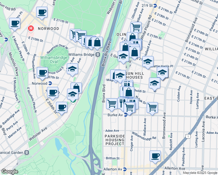 map of restaurants, bars, coffee shops, grocery stores, and more near 3360 Barker Avenue in Bronx