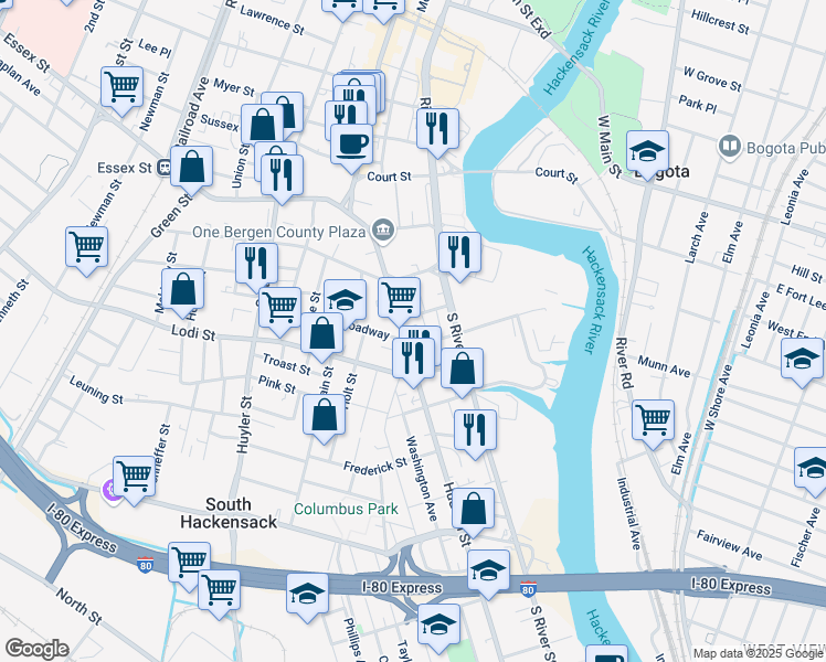 map of restaurants, bars, coffee shops, grocery stores, and more near 126 Meadow Street in Hackensack