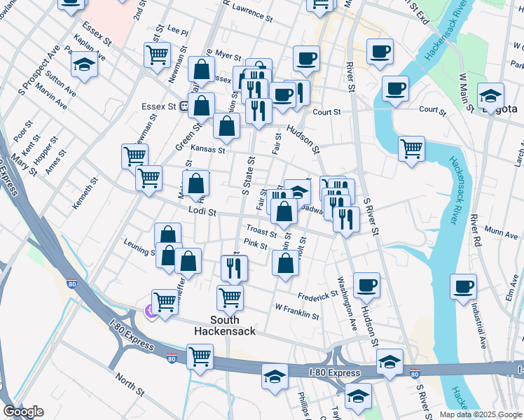 map of restaurants, bars, coffee shops, grocery stores, and more near 99 Fair Street in Hackensack