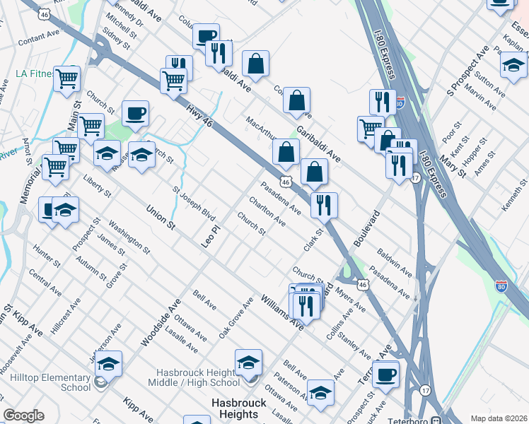 map of restaurants, bars, coffee shops, grocery stores, and more near 143 Charlton Avenue in Lodi