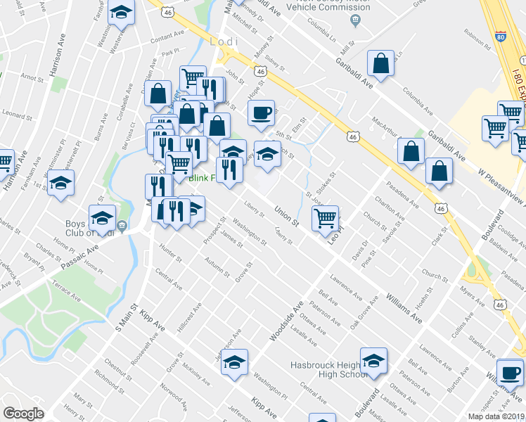 map of restaurants, bars, coffee shops, grocery stores, and more near 125 Union Street in Lodi